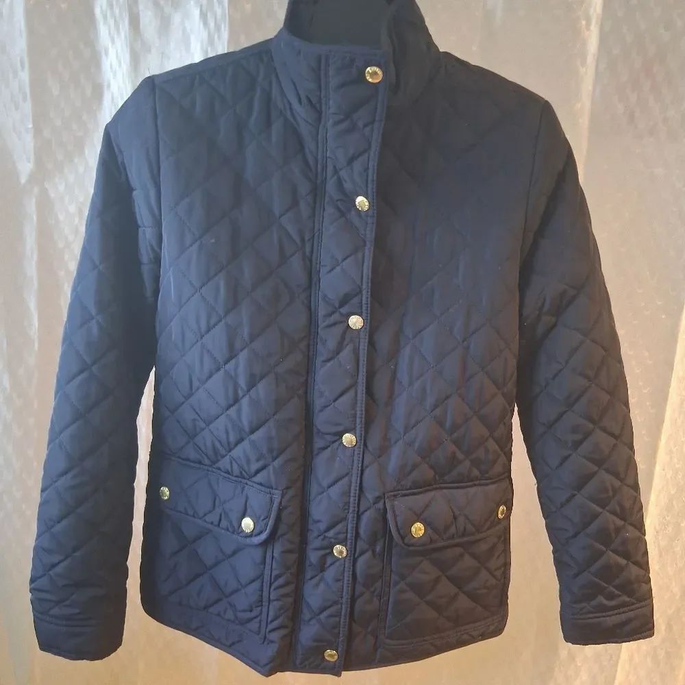 British Khaki Navy Quilted Jacket with Gold Buttons M Preppy Winter